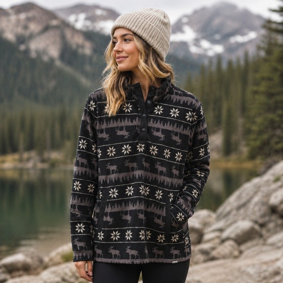 Duluth Trading Co Tops - Duluth Trading Womens Fleece Medium Snap Neck Pullover Moose Fair Isle Black